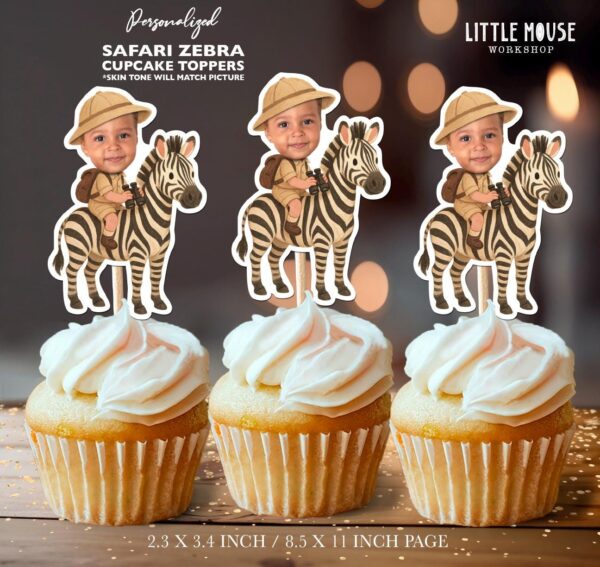 Custom Face Safari Zebra Cupcake Toppers – Personalized Explorer Riding Decoration for Jungle Birthdays