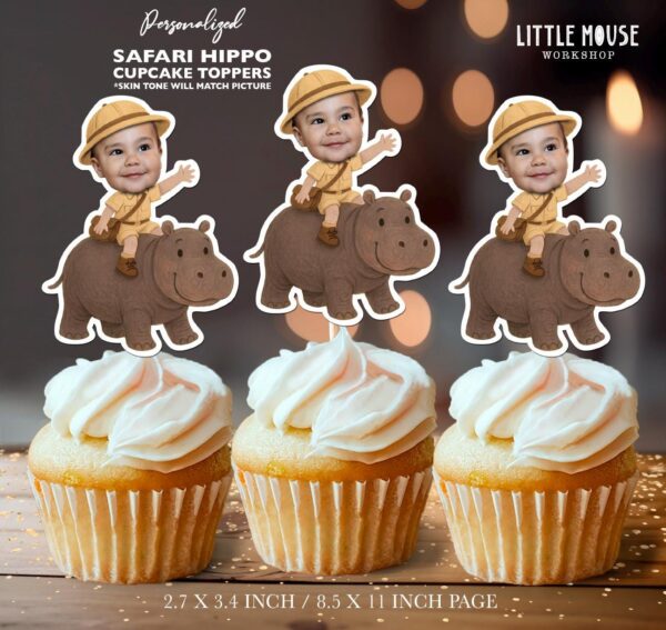 Custom Face Safari Hippo Riding Cupcake Toppers – Jungle Birthday Decor