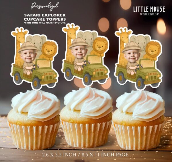 Custom Face Safari Explorer Jeep Cupcake Toppers for Wild First Birthdays