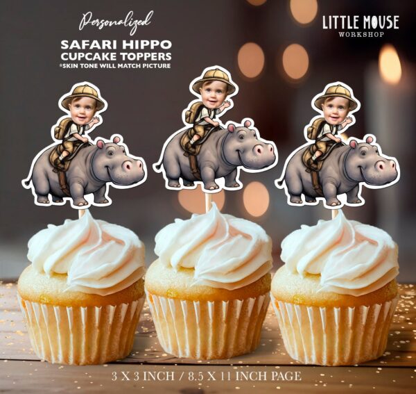 Custom Photo Safari Hippo Theme Cupcake Toppers for Wild One Birthday