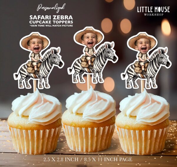 Custom Photo Zebra Safari Adventure Cupcake Toppers