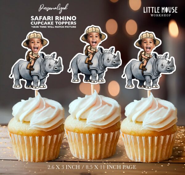 Custom Face Rhino Safari Cupcake Toppers for Jungle Adventure Birthday Parties