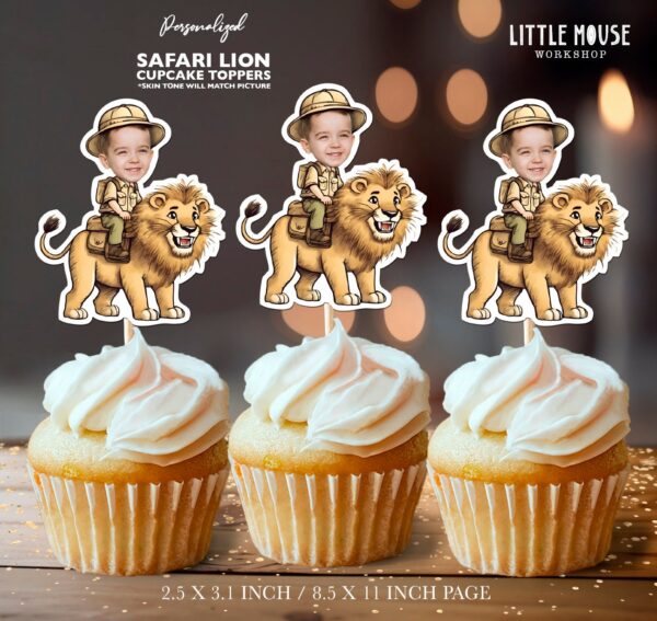 Custom Photo Face Safari Lion Explorer Cupcake Toppers