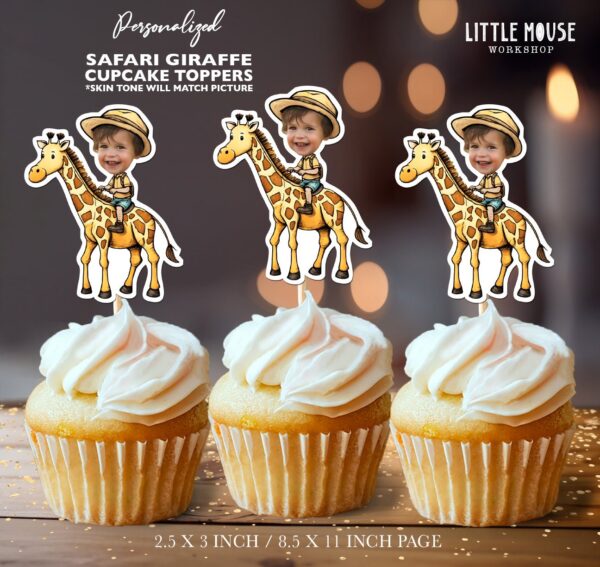 Custom Face on Safari Giraffe Cupcake Toppers for Jungle Adventure Birthdays