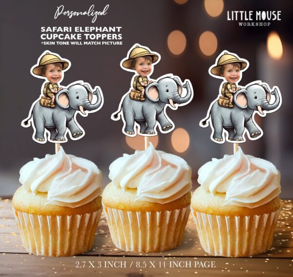 Personalized Photo Safari Explorer on Elephant Cupcake Toppers