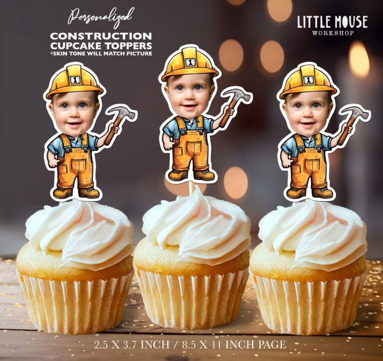 Custom Face Construction Worker Cupcake Toppers – Personalized 1st Birthday Builder Theme