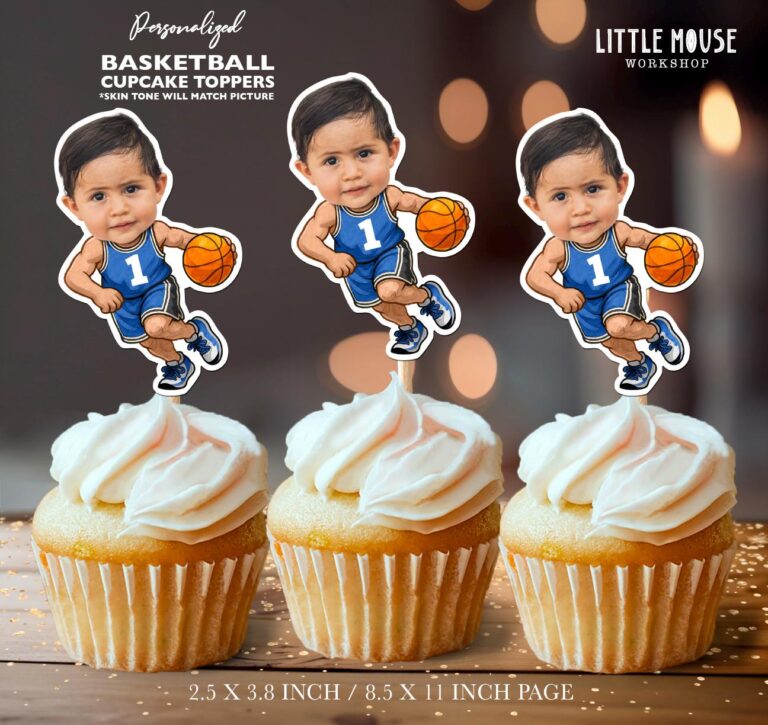 Personalized Face Basketball Rookie Cupcake Toppers Blue Jersey Number One