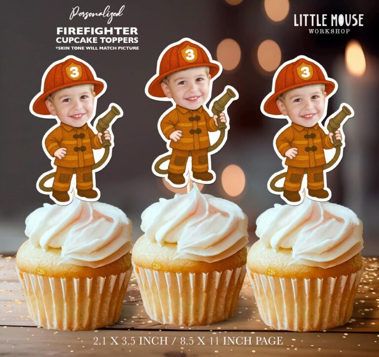 Custom Face Firefighter Rescue Cupcake Toppers for Boys