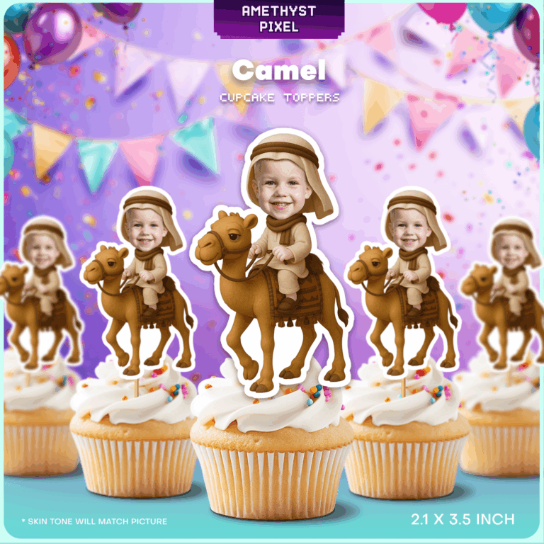 Personalized Camel Rider Cupcake Toppers – Custom Face Desert Theme Party Decoration