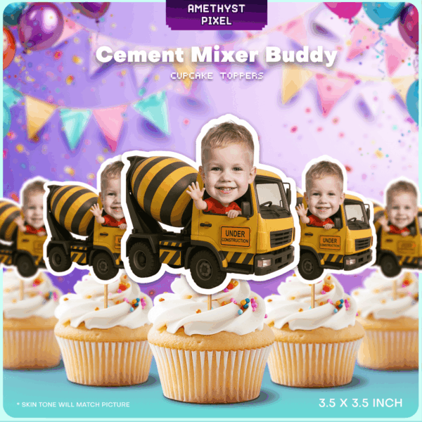 Personalized Cement Mixer Face Cupcake Toppers for Construction Birthdays