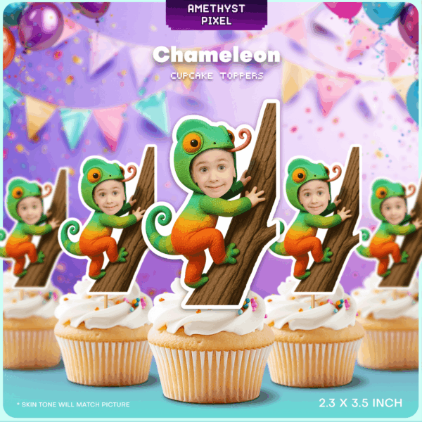Personalized Chameleon Photo Cupcake Toppers – Printable Reptile Birthday Decor