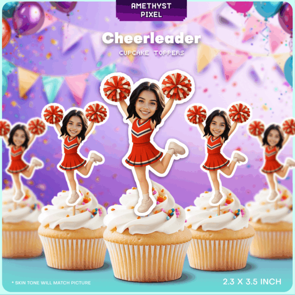 Custom Face Cheerleader Cupcake Toppers Red Uniform Printable Party Decor