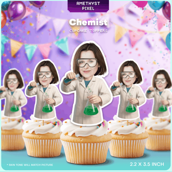 Custom Scientist Face Cupcake Toppers – Printable Chemistry Lab Party Decoration