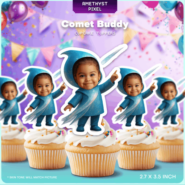 Custom Face Comet Buddy Cupcake Toppers – Printable Blue Space Birthday Decor