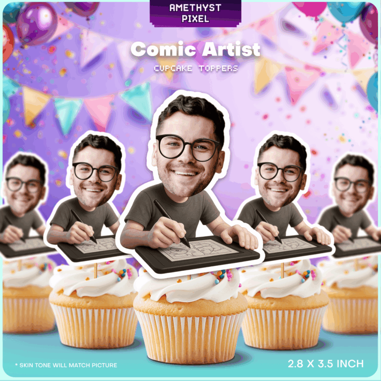 Custom Comic Artist Face Cupcake Toppers - Personalized Digital Art Party Decor