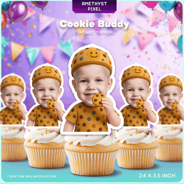 Personalized Cookie Buddy Face Cupcake Toppers – Printable Custom Birthday Decor