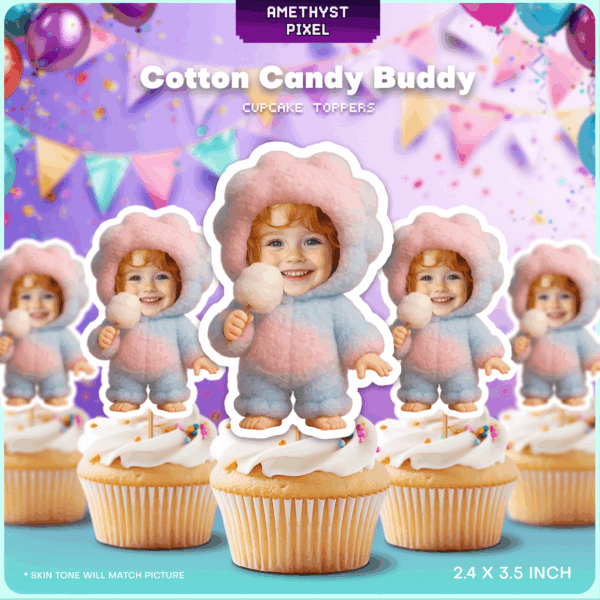 Custom Face Cotton Candy Cupcake Toppers - Pastel Sweet Treat Birthday Decor