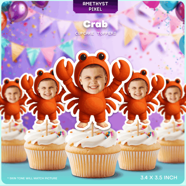 Personalized Crab Face Cupcake Toppers – Printable Ocean Theme Party Decorations