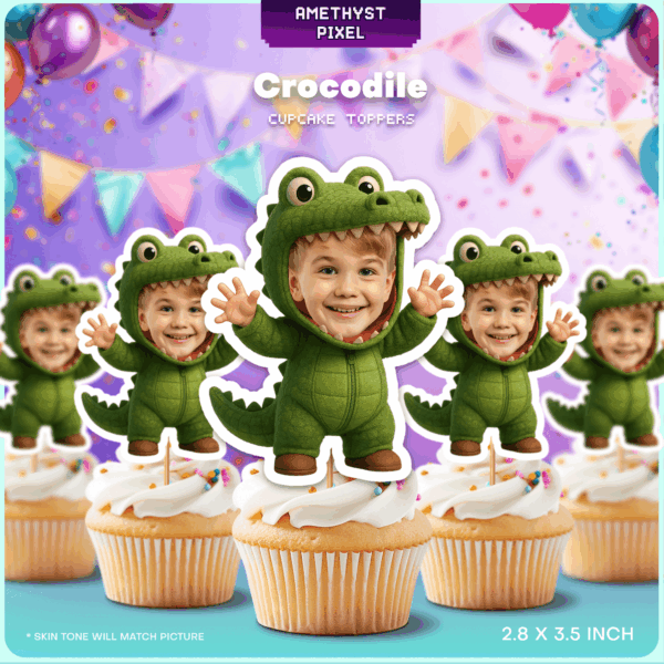 Funny Custom Face Crocodile Cupcake Toppers - Printable Jungle Birthday Party Decor