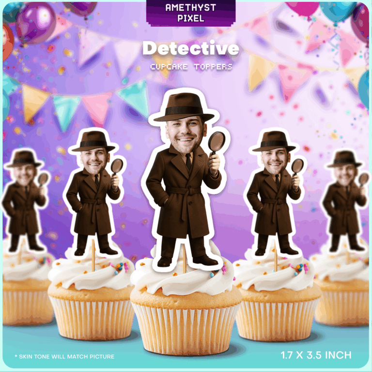 Personalized Detective Custom Face Cupcake Toppers - Printable Mystery Theme Party Decor
