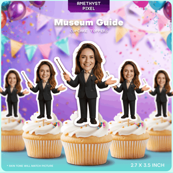 Personalized Museum Guide Cupcake Toppers - Custom Face Tour Guide Party Decorations