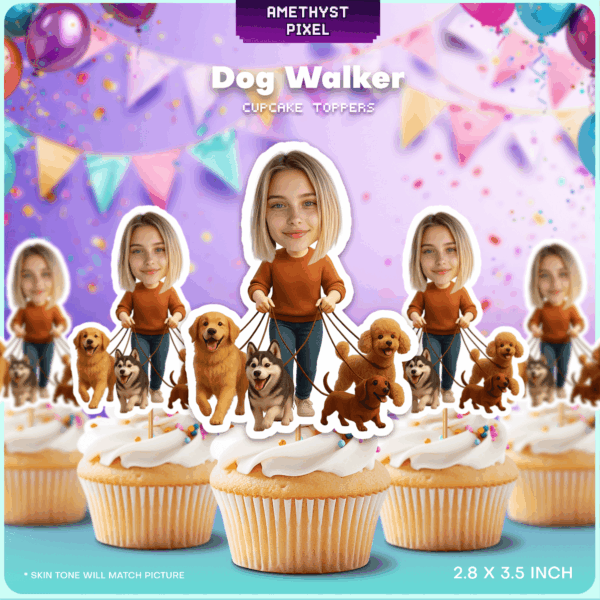 Custom Face Dog Walker Cupcake Toppers โ Printable Pet Sitter Party Decorations