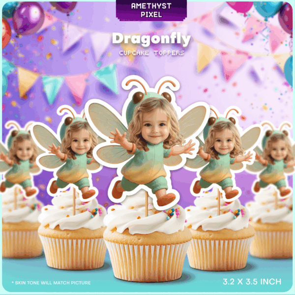 Custom Face Dragonfly Cupcake Toppers | Printable Garden Theme Birthday Decor