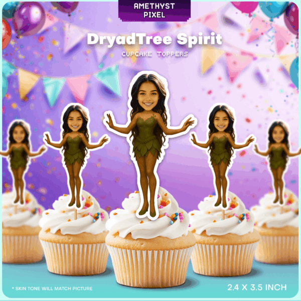 Personalized Dryad Tree Spirit Cupcake Toppers - Custom Face Forest Nymph Party Decoration