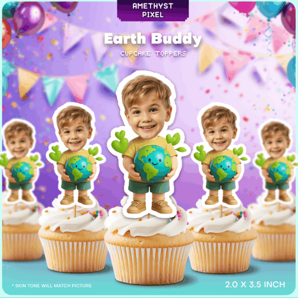 Custom Face Earth Buddy Cupcake Toppers – Printable Globe & Nature Theme Birthday Decor