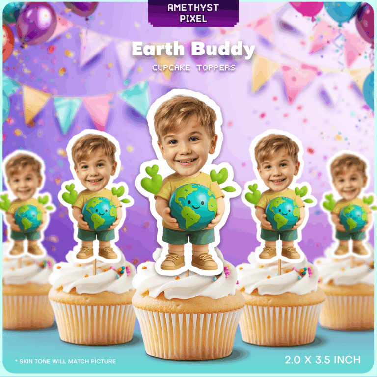 Custom Face Earth Buddy Cupcake Toppers – Printable Globe & Nature Theme Birthday Decor