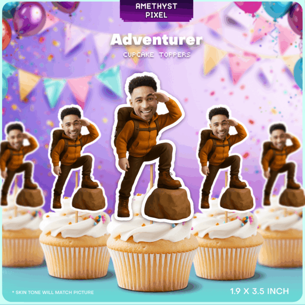 Personalized Adventurer Hiker Cupcake Toppers – Custom Face Outdoor Theme Decoration