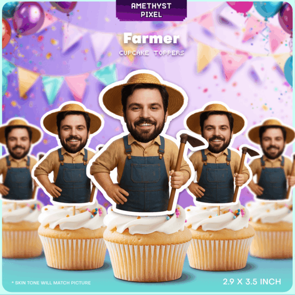 Custom Farmer Face Cupcake Toppers - Personalized Barnyard Theme Party Decorations