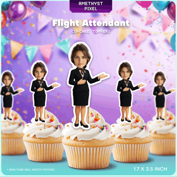 Custom Flight Attendant Face Cupcake Toppers - Personalized Aviation Theme Party Decoration