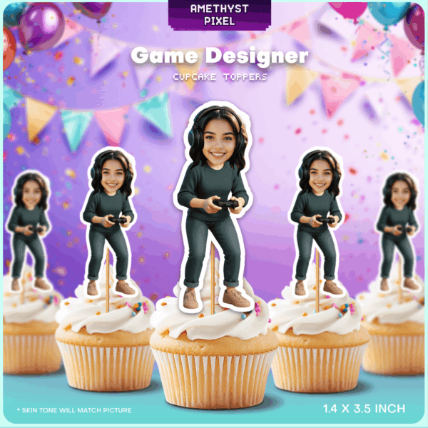 Custom Face Game Designer Cupcake Toppers - Printable Gamer Girl Birthday Party Decor