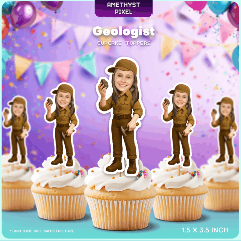 Custom Geologist Face Cupcake Toppers – Personalized Rock Hunter Party Decoration