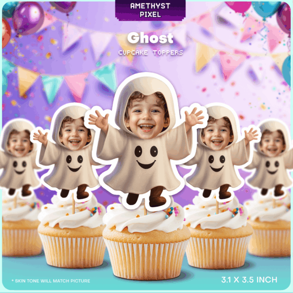 Custom Face Ghost Cupcake Toppers – Printable Cute Halloween Birthday Decoration