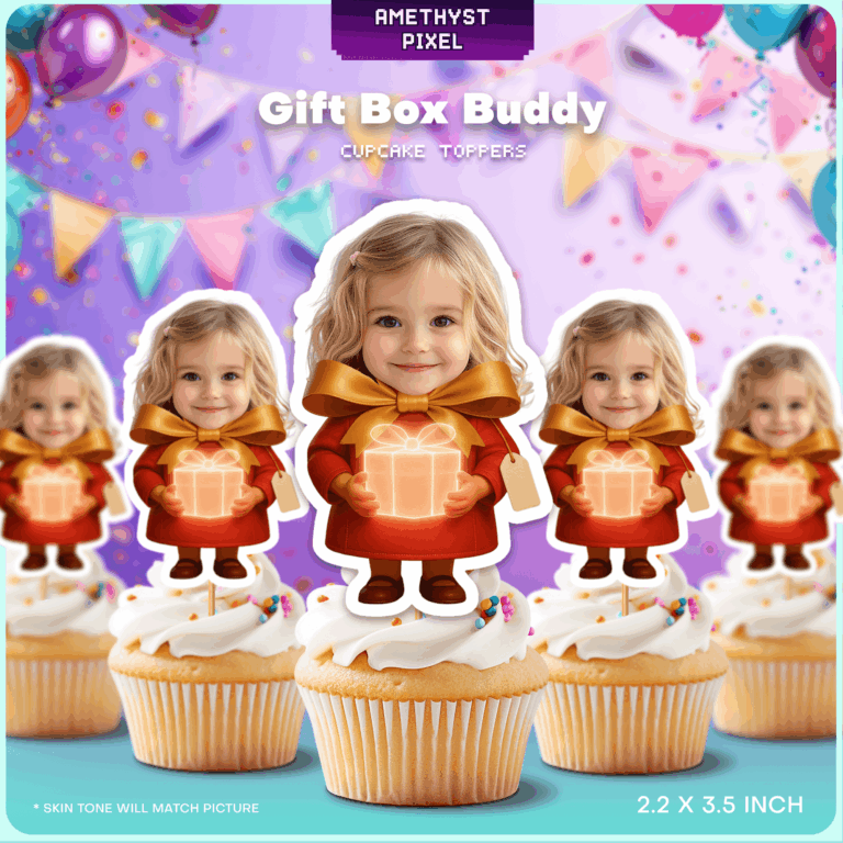 Custom Face Gift Box Buddy Cupcake Toppers - Personalized Birthday Party Decor