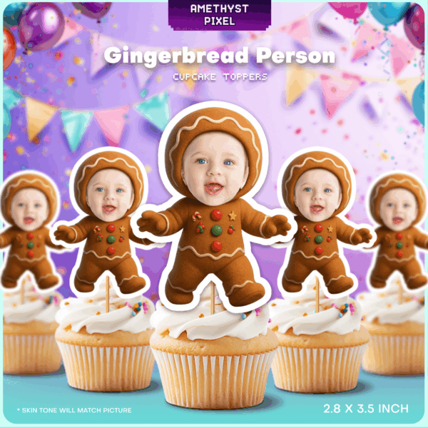 Custom Face Gingerbread Person Cupcake Toppers for Winter Birthday Parties