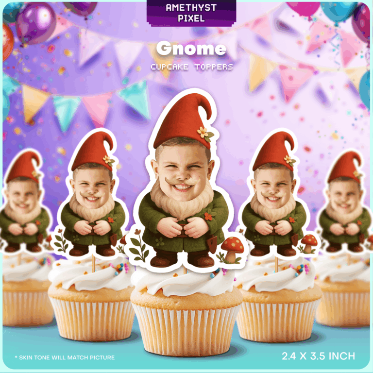 Custom Gnome Face Cupcake Toppers – Printable Garden Party Decorations