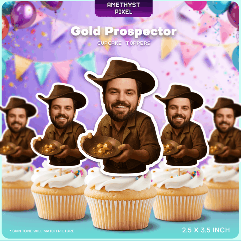 Custom Gold Prospector Face Cupcake Toppers – Funny Miner Photo Decoration
