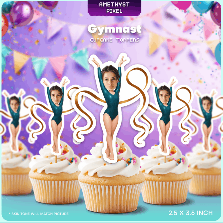 Custom Face Rhythmic Gymnast Cupcake Toppers with Gold Ribbon
