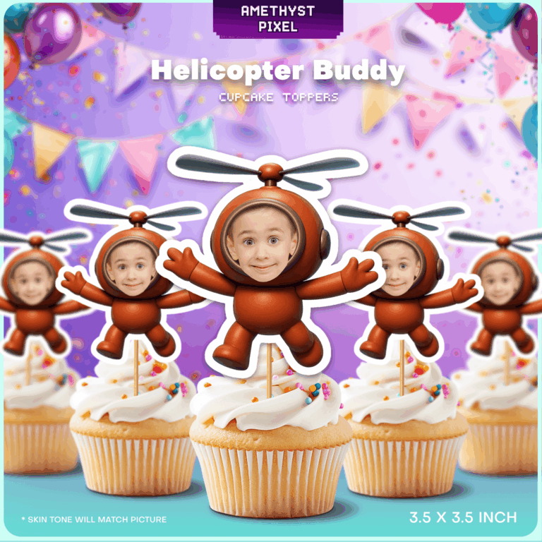 Custom Helicopter Pilot Face Cupcake Toppers Printable Aviation Party Decor