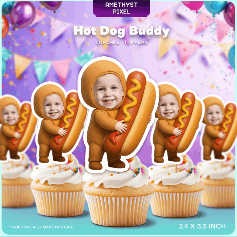Custom Face Hot Dog Buddy Cupcake Toppers - Printable BBQ Party Decoration