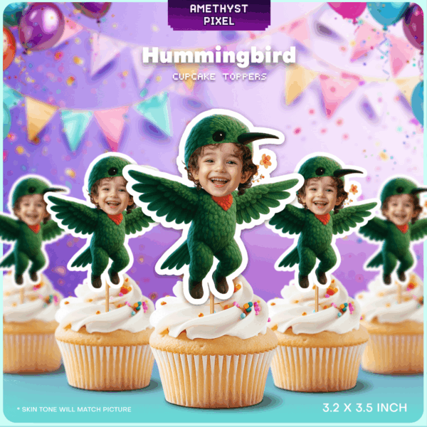 Personalized Hummingbird Face Cupcake Toppers for Garden & Nature Themed Parties