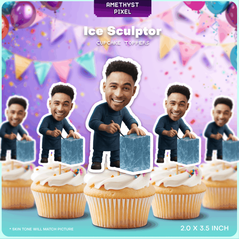 Custom Ice Sculptor Face Cupcake Toppers – Printable Winter Artisan Party Decoration