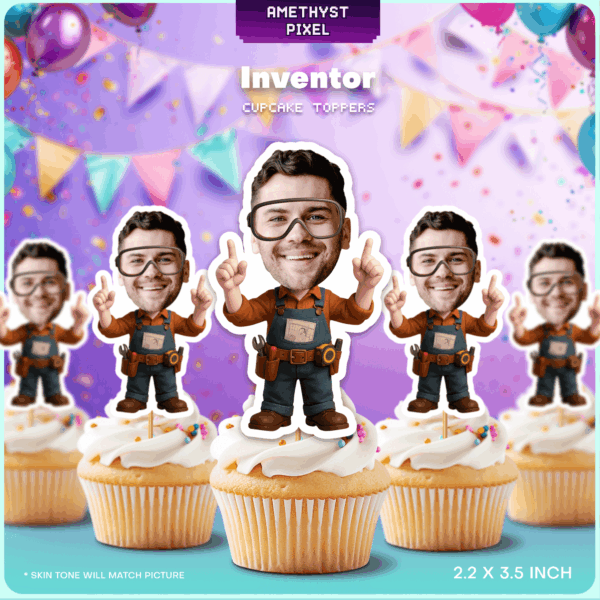 Custom Face Inventor Cupcake Toppers – Personalized Handyman & Engineer Party Decorations