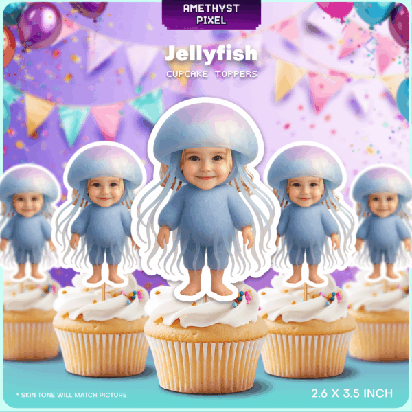Personalized Jellyfish Photo Cupcake Toppers for Under the Sea Birthday Parties