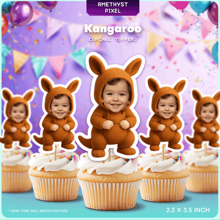 Custom Face Kangaroo Cupcake Toppers – Printable Zoo Theme Birthday Decoration