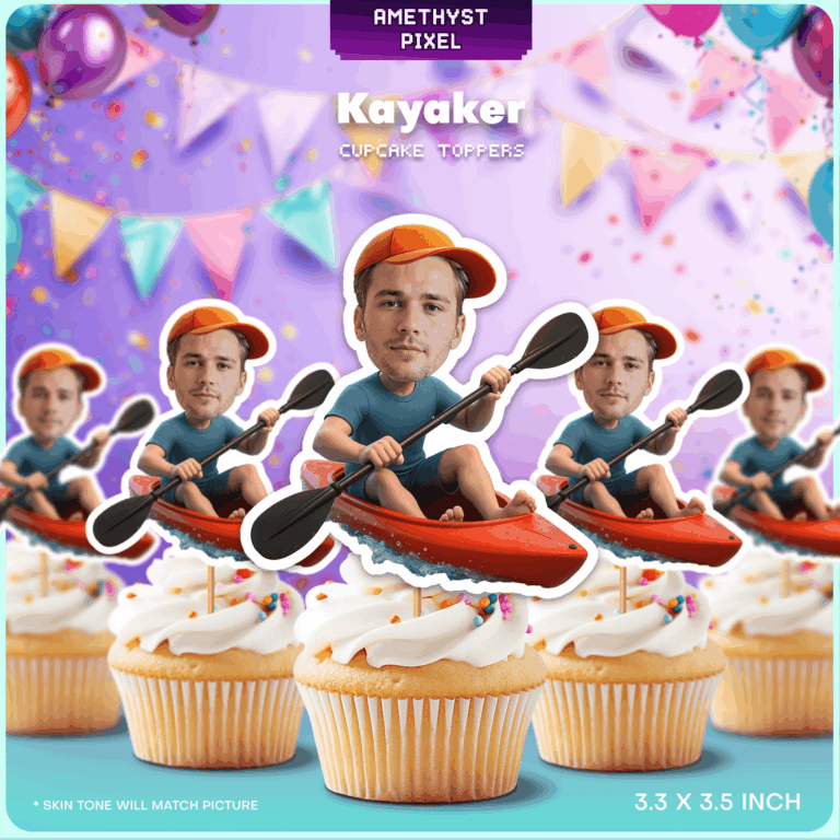 Personalized Kayaker Cupcake Toppers - Custom Face Adventure Party Decor