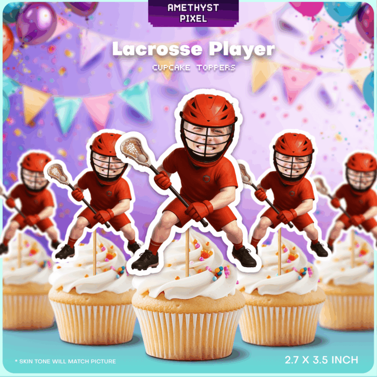 Custom Face Lacrosse Player Cupcake Toppers – Printable Sports Party Decoration